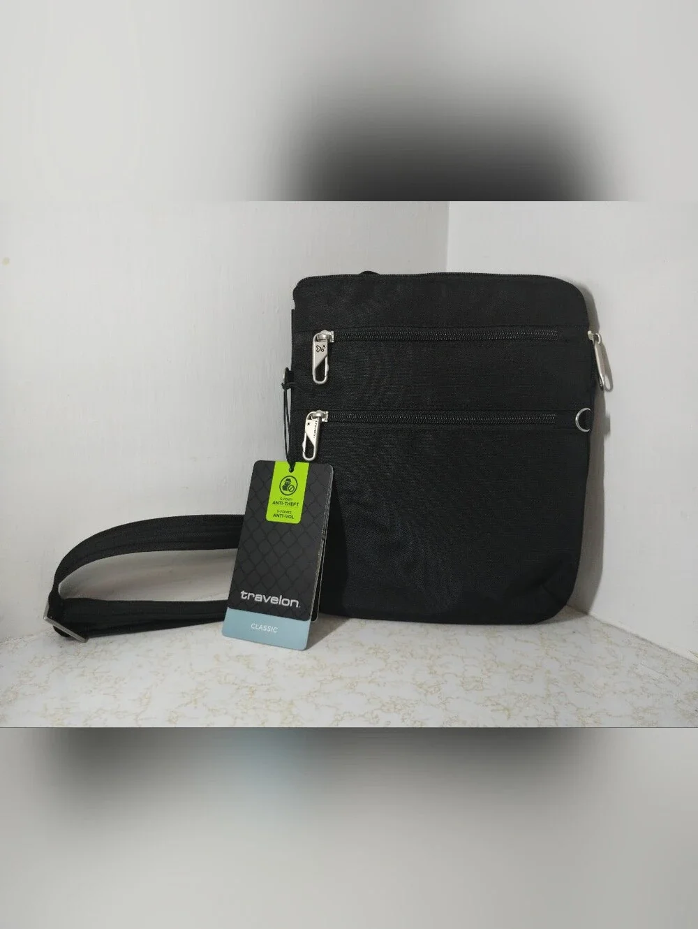 Travelon Black Men's Crossbody Messenger Bag with Front Zip Pockets